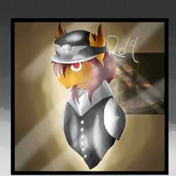 Size: 5800x5800 | Tagged: safe, artist:florarena-kitasatina/dragonborne fox, species:pony, absurd resolution, bust, buttons, cel shading, clothing, crossover, emblem, lance (epic battle fantasy), ponified, portrait, shading, side glance, signature, solo, torn ear, uniform, watermark
