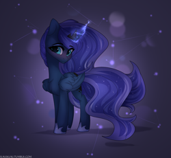 Size: 3800x3500 | Tagged: safe, artist:sukiskuki, character:princess luna, species:alicorn, species:pony, blushing, chest fluff, cute, female, glowing horn, horn, looking at you, lunabetes, magic, mare, smiling, solo, wing fluff