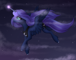 Size: 4200x3300 | Tagged: safe, artist:sukiskuki, character:princess luna, species:alicorn, species:pony, cloud, female, glowing horn, horn, mare, smiling, solo, spread wings, wings