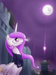 Size: 1200x1600 | Tagged: safe, artist:conicer, character:princess celestia, g4, clothing, female, lonely, mare in the moon, moon, night, scarf, solo