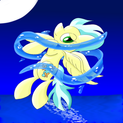 Size: 1500x1500 | Tagged: safe, artist:notadeliciouspotato, character:misty fly, species:pegasus, species:pony, female, flying, lidded eyes, looking at you, mare, moon, smiling, solo, spread wings, water, wings