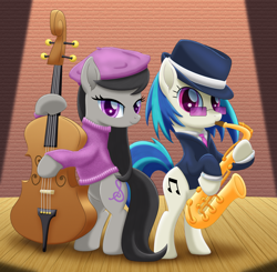 Size: 2208x2160 | Tagged: safe, artist:lifesharbinger, character:dj pon-3, character:octavia melody, character:vinyl scratch, species:earth pony, species:pony, species:unicorn, clothing, duet, duo, hat, high res, looking at you, musical instrument, playing, saxophone, smiling, spotlight, stage, top hat