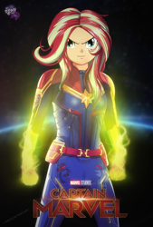 Size: 1367x2023 | Tagged: safe, artist:ngrycritic, character:sunset shimmer, my little pony:equestria girls, armor, brazil, captain marvel, captain marvel (marvel), clothing, cosplay, costume, crossover, equestria girls logo, female, fernanda bullara, fiery shimmer, looking at you, marvel, marvel cinematic universe, poster, solo, uotapo-ish, voice actor joke
