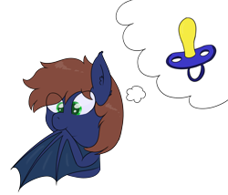 Size: 2317x1985 | Tagged: safe, artist:eyeburn, oc, oc only, oc:warly, species:bat pony, species:pony, cute, pacifier, thought bubble
