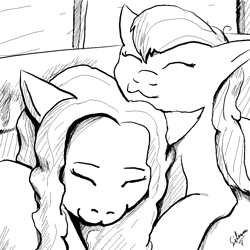 Size: 1000x1000 | Tagged: safe, artist:silence, oc, oc:heartbeat, oc:michpone, species:pony, cat pose, couple, monochrome, ship, shipping fuel, sleeping, snuggling