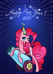 Size: 1500x2100 | Tagged: safe, artist:sandra626, character:pinkie pie, 2013, blue, clothing, cute, happy new year, hat, party cannon, party hat, shine, stars