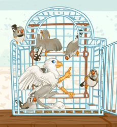 Size: 1234x1341 | Tagged: safe, artist:cuttledreams, oc, oc only, oc:der, species:bird, species:griffon, bird cage, cage, micro, zebra finch