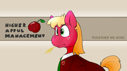 Size: 2560x1440 | Tagged: safe, artist:fuzzypones, character:big mcintosh, species:pony, appul, business suit, clothing, hay stalk, male, office, solo, straw in mouth