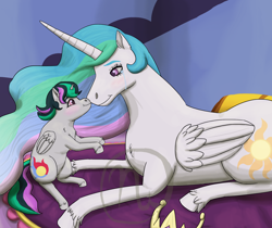 Size: 2500x2100 | Tagged: safe, artist:azurllinate, character:princess celestia, oc, oc:luminara, oc:princess luminara, parent:good king sombra, parent:king sombra, parent:princess celestia, parents:celestibra, species:alicorn, species:pony, next gen:futurehooves, alicorn oc, bed, blushing, blushing profusely, boop, celestia's bedroom, cloven hooves, crown, female, filly, foal, futurehooves, horse, jewelry, legs in air, lying on bed, mare, momlestia, mother and daughter, multicolored hair, mwah, next generation, offspring, parent and foal, pink eyes, princess celestia is a horse, prone, purple eyes, regalia, sitting, smiling