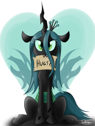 Size: 1080x1425 | Tagged: safe, artist:sadtrooper, character:queen chrysalis, species:changeling, bronybait, changeling queen, crown, cute, cutealis, eye clipping through hair, female, heart, hug request, hugs 4 bugs, hugs?, jewelry, mouth hold, quadrupedal, regalia, signature, sitting, solo
