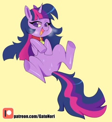 Size: 1111x1200 | Tagged: safe, artist:norithecat, character:twilight sparkle, species:pony, species:unicorn, bedroom eyes, collar, digital, disheveled, dog collar, drops, female, looking at you, open mouth, patreon, patreon logo, pet tag, pony pet, solo, sweat