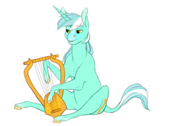 Size: 1024x744 | Tagged: safe, artist:loladotz, character:lyra heartstrings, species:classical unicorn, species:pony, species:unicorn, female, leonine tail, lyre, mare, simple background, solo, unshorn fetlocks, white background