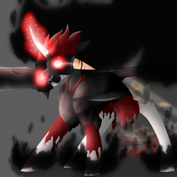 Size: 5800x5800 | Tagged: safe, artist:florarena-kitasatina/dragonborne fox, species:pony, species:umbrum, absurd resolution, anarchy (weapon), armor, cel shading, clothing, crossover, glowing eyes, glowing eyes of doom, leonine tail, lotsa shadows, mask, matt (epic battle fantasy), pentagram, ponified, red eyes take warning, shading, shadows, signature, simple background, solo, sword, torn clothes, uniform, unshorn fetlocks, watermark, weapon, what a lovely pony to meet in the middle of the night