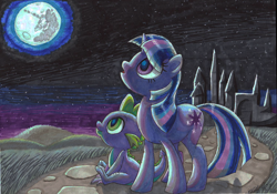 Size: 1500x1052 | Tagged: safe, artist:dawnmistpony, character:spike, character:twilight sparkle, species:dragon, species:pony, species:unicorn, duo, female, looking up, male, mare, mare in the moon, moon, night, traditional art