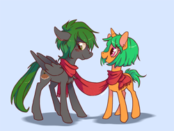 Size: 1084x813 | Tagged: safe, artist:dreamyri, artist:goatsocks, oc, oc:feather dust, oc:flitter flutter, species:pegasus, species:pony, species:unicorn, carrot, clothing, food, scarf, shared clothing, shared scarf