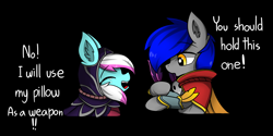 Size: 3000x1500 | Tagged: safe, artist:llhopell, oc, oc:hope(llhopell), oc:soffy, species:earth pony, species:pegasus, species:pony, clothing, cosplay, costume, crying, feather, hoffy, league of legends, rakan, shipping, simple background, xayah