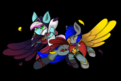 Size: 3000x2000 | Tagged: safe, artist:llhopell, oc, oc:hope(llhopell), oc:soffy, species:earth pony, species:pegasus, species:pony, clothing, cosplay, costume, feather, hoffy, league of legends, rakan, shipping, simple background, smiling, xayah