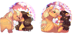 Size: 1280x663 | Tagged: safe, artist:malinraf1615, character:applejack, character:caramel, species:pony, ship:carajack, applejack (male), beard, blushing, eyes closed, facial hair, female, floppy ears, gay, goatee, half r63 shipping, lesbian, looking at each other, male, rule 63, shipping, signature, watermark