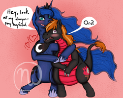 Size: 2500x2000 | Tagged: safe, artist:azurllinate, character:princess luna, oc, oc:stone the dragonpony, species:pony, blue eyes, blushing, blushing profusely, canon x oc, chubby, commission, dialogue, female, heart, interspecies, interspecies love, legs wrapped around, looking at you, male, mixed breed, nervous, purple eyes, sitting, speaking japanese, speech, speech bubble, two toned mane, wide eyes