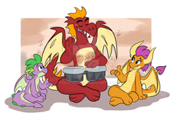 Size: 1024x685 | Tagged: safe, artist:thedoggygal, character:garble, character:smolder, character:spike, species:dragon, episode:sweet and smoky, g4, my little pony: friendship is magic, bongos, crossed legs, cute, deviantart watermark, dragoness, eyes closed, female, gardorable, male, music notes, obtrusive watermark, sitting, smolderbetes, snapping, spikabetes, trio, watermark, winged spike