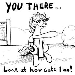 Size: 800x800 | Tagged: safe, artist:silence, oc, oc:kitty sweet, species:pony, cute, horses doing horse things, meme, monochrome, pointing, ponified animal photo, sitting, solo