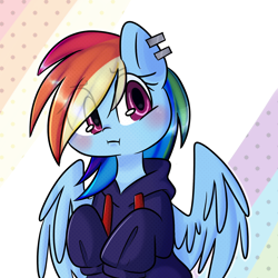 Size: 2000x2000 | Tagged: safe, artist:thieftea, character:rainbow dash, species:pegasus, species:pony, :i, blushing, clothing, cute, dashabetes, ear piercing, eye clipping through hair, eyebrows, eyebrows visible through hair, female, high res, hoodie, piercing, solo, spread wings, wings