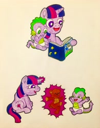 Size: 2860x3676 | Tagged: safe, artist:jamestkelley, character:spike, character:star swirl the bearded, character:twilight sparkle, species:dragon, species:pony, species:unicorn, baby, baby spike, book, cute, dancing, diaper, happy, magic, reading, sibling bonding, siblings, simple background, sitting, story time, teddy bear, telekinesis, young