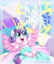 Size: 6000x7200 | Tagged: safe, artist:meganlovesangrybirds, character:princess flurry heart, species:pony, episode:the crystalling, g4, my little pony: friendship is magic, adorable face, baby, baby alicorn, baby blanket, baby flurry heart, baby pony, blanket, cloth diaper, crib, crib blanket, crystal heart, cute, cute baby, dawwww, diaper, diapered, diapered filly, embroidered blanket, embroidery, female, filly, flurrybetes, happy, happy baby, infant, light pink diaper, magic, mirrored image, newborn, newborn baby, newborn filly, open mouth, pillow, reaching, reaching up, safety pin, scene interpretation, signature, snow, snowflake, solo, telekinesis, weapons-grade cute