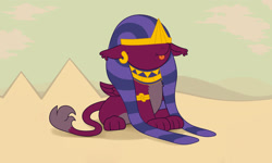 Size: 2880x1728 | Tagged: safe, artist:wispy tuft, character:sphinx, species:sphinx, episode:daring done, blep, desert, ear fluff, egyptian, female, macro, pyramid, show accurate, silly, solo, tongue out, villainess