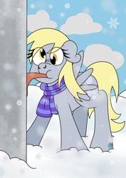 Size: 2480x3508 | Tagged: safe, artist:eillahwolf, character:derpy hooves, species:pegasus, species:pony, a christmas story, clothing, eye clipping through hair, female, mare, scarf, snow, solo, tongue stuck to pole, winter