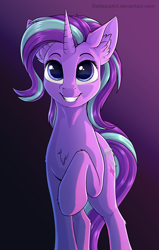Size: 1175x1851 | Tagged: safe, artist:deltauraart, character:starlight glimmer, species:pony, species:unicorn, chest fluff, cute, ear fluff, female, glimmerbetes, gradient background, grin, leg fluff, mare, one hoof raised, raised leg, smiling, solo