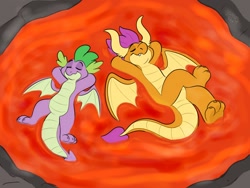Size: 1280x960 | Tagged: safe, artist:thedoggygal, character:smolder, character:spike, species:dragon, dragoness, duo, eyes closed, female, lava bathing, lava pool, lounging, smiling, winged spike