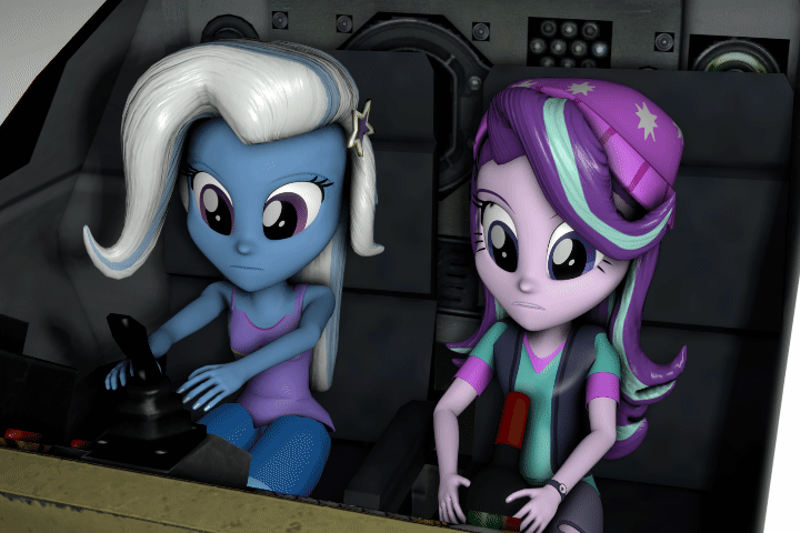 Size: 720x480 | Tagged: safe, artist:oc1024, derpibooru original, character:starlight glimmer, character:trixie, my little pony:equestria girls, 30 minute art challenge, 3d, animated, beanie, beanie hat, clothing, female, hat, source filmmaker, spaceship