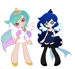 Size: 938x862 | Tagged: safe, artist:the-orator, character:princess celestia, character:princess luna, species:human, crossover, duo, duo female, female, humanized, panty and stocking with garterbelt, simple background, style emulation, transparent background, winged humanization, wings