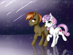 Size: 1600x1200 | Tagged: safe, artist:rikadiane, character:button mash, character:sweetie belle, species:earth pony, species:pony, species:unicorn, buttonbetes, colt, cute, diasweetes, female, filly, happy, male, shipping, shooting stars, smiling, straight, sweetiemash