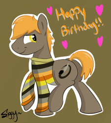 Size: 2317x2561 | Tagged: safe, artist:siggyderp, oc, oc only, oc:umber, species:earth pony, species:pony, birthday, clothing, happy birthday, heart, male, signature, solo, stallion, sweater, text, walking