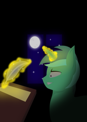Size: 2123x3000 | Tagged: safe, artist:alltimemine, character:lyra heartstrings, species:pony, species:unicorn, bust, crazy face, darkness, faec, female, glowing horn, grin, high res, horn, inkscape, levitation, lineless, magic, mare, moon, night, night sky, portrait, profile, quill, sky, smiling, solo, stars, table, telekinesis, vector, window