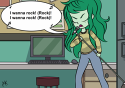 Size: 2893x2039 | Tagged: safe, artist:pony4koma, edit, character:wallflower blush, equestria girls:forgotten friendship, g4, my little pony: equestria girls, my little pony:equestria girls, computer, i wanna rock, keyboard, lyrics, microphone, monitor, singing, song reference, text, twisted sister