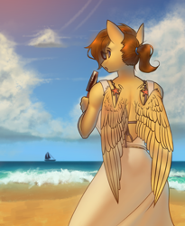 Size: 2000x2438 | Tagged: safe, artist:klooda, oc, oc only, oc:soaring heart, species:anthro, species:pegasus, species:pony, beach, boat, clothing, cloud, dress, eating, female, food, ice cream, looking at you, looking back, looking back at you, mare, ocean, ponytail, sailboat, sand, solo, sunglasses, wave, wings, ych result