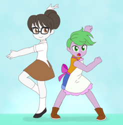Size: 1182x1200 | Tagged: safe, artist:ch-chau, character:raven inkwell, character:spike, species:dragon, species:pony, species:unicorn, ship:ravenspike, my little pony:equestria girls, apron, clothing, cute, equestria girls-ified, female, glasses, green hair, hair bun, human spike, male, miniskirt, mon colle knights, pose, shipping, shoes, shorts, skirt, socks, straight