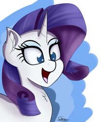 Size: 1024x1229 | Tagged: safe, artist:sadtrooper, character:rarity, species:pony, species:unicorn, abstract background, bust, female, happy, mare, open mouth, portrait, signature, solo