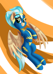 Size: 1080x1500 | Tagged: safe, artist:sadtrooper, character:misty fly, species:pegasus, species:pony, abstract background, clothing, female, flying, goggles, mare, signature, solo, spread wings, uniform, wings, wonderbolts, wonderbolts uniform