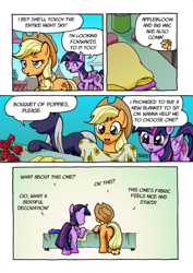 Size: 1201x1700 | Tagged: safe, artist:tarkron, character:applejack, character:twilight sparkle, character:twilight sparkle (alicorn), oc, oc:tara, species:alicorn, species:earth pony, species:pony, comic:ghosts of the past, blanket, comic, dialogue, grammar error, ponyville market, rear view