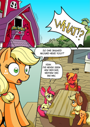 Size: 1201x1700 | Tagged: safe, artist:tarkron, character:apple bloom, character:applejack, character:big mcintosh, species:earth pony, species:pony, comic:ghosts of the past, apple siblings, comic, dialogue, female, filly, i can't believe it's not idw, male, mare, shout, stallion, sweet apple acres, sweet apple acres barn, table
