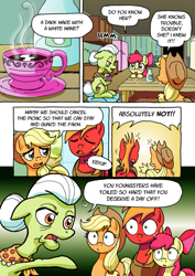 Size: 1201x1700 | Tagged: safe, artist:tarkron, character:apple bloom, character:applejack, character:big mcintosh, character:granny smith, species:earth pony, species:pony, comic:ghosts of the past, apple family, apple siblings, comic, dialogue, female, filly, food, kitchen, male, mare, stallion, tea