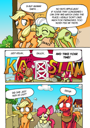 Size: 1201x1700 | Tagged: safe, artist:tarkron, character:apple bloom, character:applejack, character:big mcintosh, character:granny smith, species:earth pony, species:pony, comic:ghosts of the past, apple siblings, blanket, comic, dialogue, female, filly, floppy ears, male, mare, onomatopoeia, shoving, stallion, sweet apple acres, sweet apple acres barn