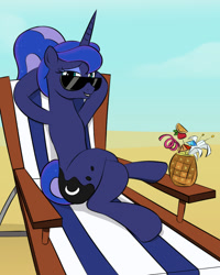 Size: 800x1000 | Tagged: safe, artist:mew-me, character:princess luna, episode:between dark and dawn, g4, my little pony: friendship is magic, alternate hairstyle, crossed legs, cute, drink, female, food, looking at you, lounge chair, lunabetes, pineapple, solo, straw, sunglasses