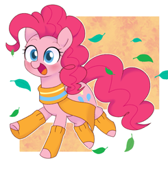 Size: 1175x1200 | Tagged: safe, artist:ch-chau, character:pinkie pie, species:earth pony, species:pony, g4, abstract background, autumn, clothing, cute, diapinkes, female, happy, leaf, leaves, leg warmers, mare, open mouth, scarf, smiling, solo