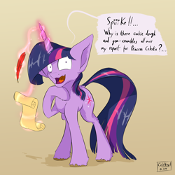 Size: 2500x2500 | Tagged: safe, artist:coldtrail, character:twilight sparkle, character:twilight sparkle (unicorn), species:pony, species:unicorn, newbie artist training grounds, female, glowing horn, horn, implied spike, magic, mare, nervous, quill pen, raised leg, scroll, solo, telekinesis, twilight snapple