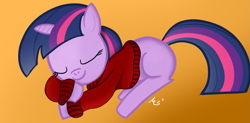 Size: 1253x616 | Tagged: safe, artist:ciscoql, character:twilight sparkle, character:twilight sparkle (unicorn), species:pony, species:unicorn, clothing, female, filly, foal, gradient background, photoshop, sleeping, solo, sweater